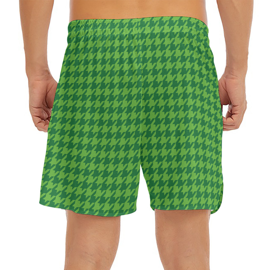 Green Houndstooth Pattern Print Men's Split Running Shorts