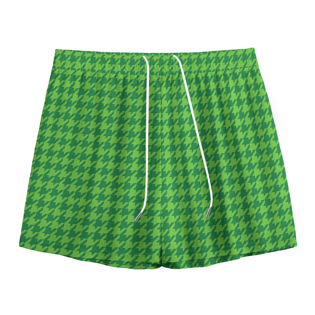 Green Houndstooth Pattern Print Mesh Shorts