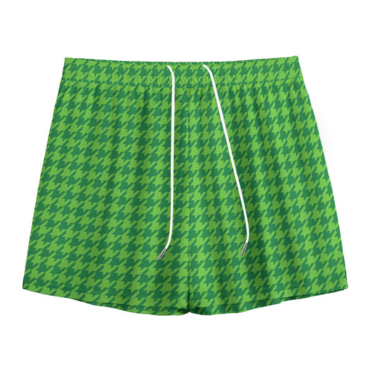 Green Houndstooth Pattern Print Mesh Shorts