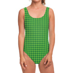 Green Houndstooth Pattern Print One Piece Swimsuit