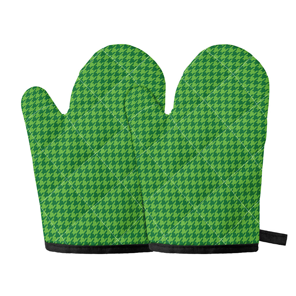 Green Houndstooth Pattern Print Oven Mitts