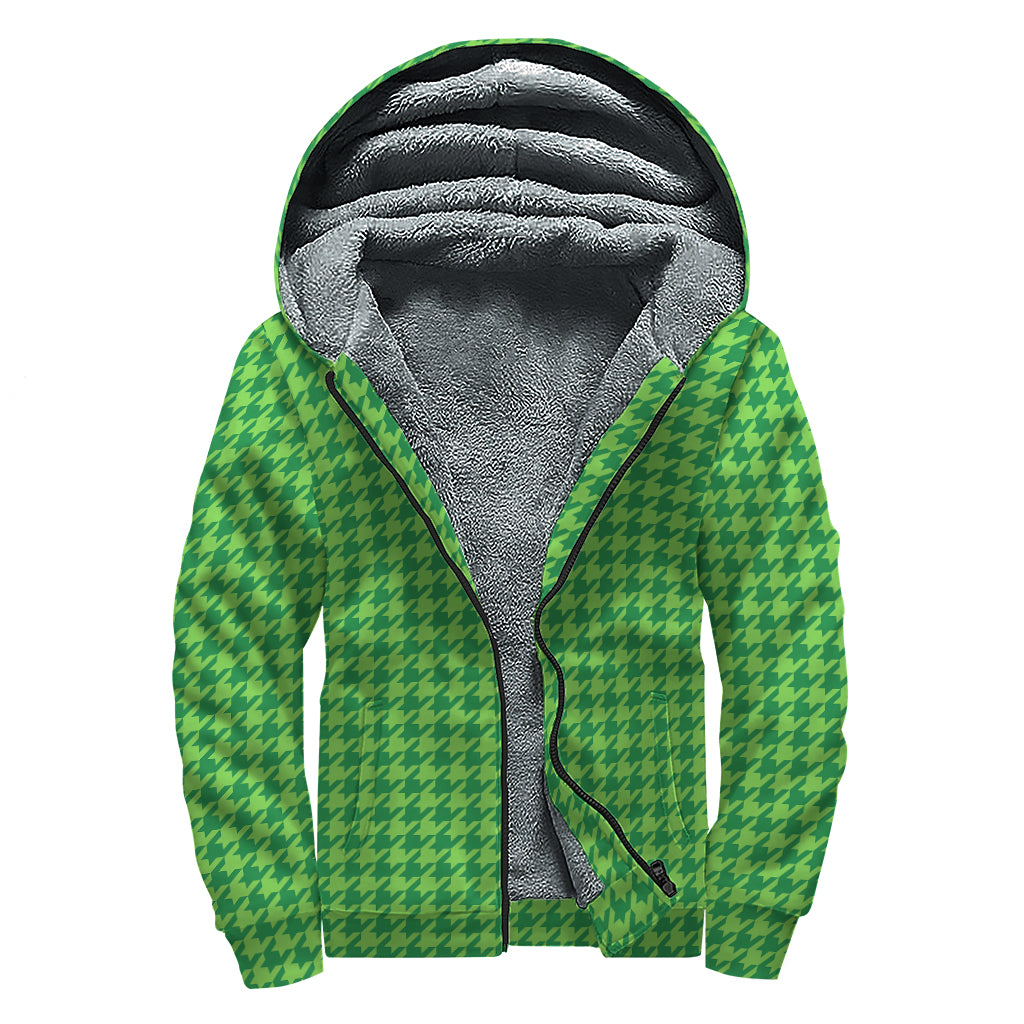 Green Houndstooth Pattern Print Sherpa Lined Zip Up Hoodie