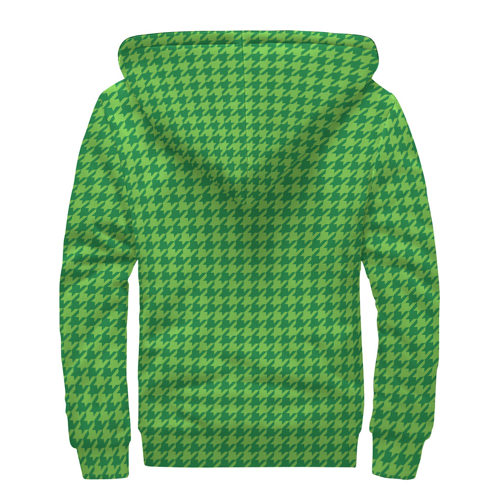 Green Houndstooth Pattern Print Sherpa Lined Zip Up Hoodie