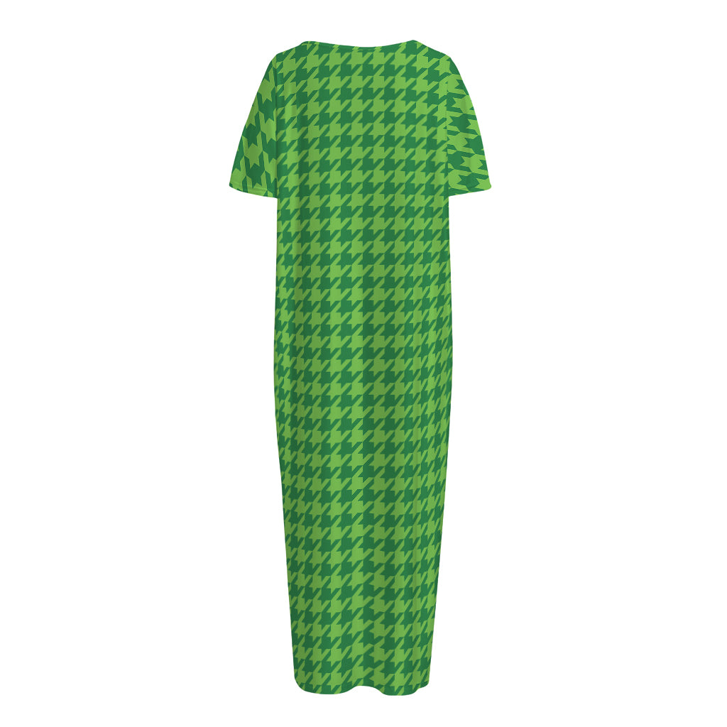 Green Houndstooth Pattern Print Short Sleeve Long Nightdress