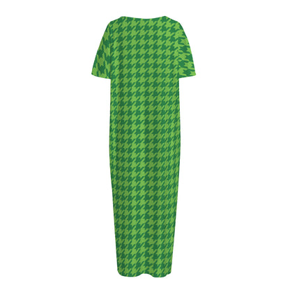 Green Houndstooth Pattern Print Short Sleeve Long Nightdress