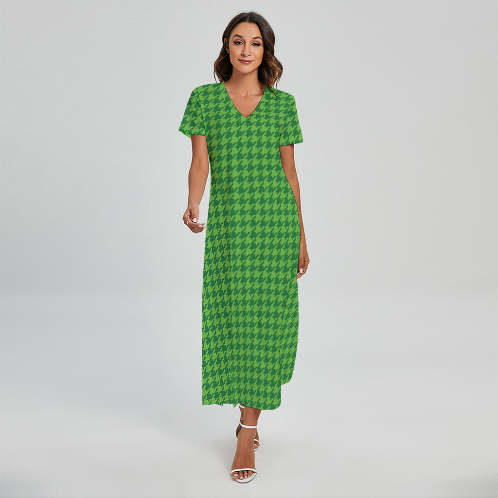 Green Houndstooth Pattern Print Short Sleeve Maxi Dress