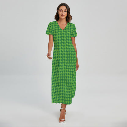 Green Houndstooth Pattern Print Short Sleeve Maxi Dress