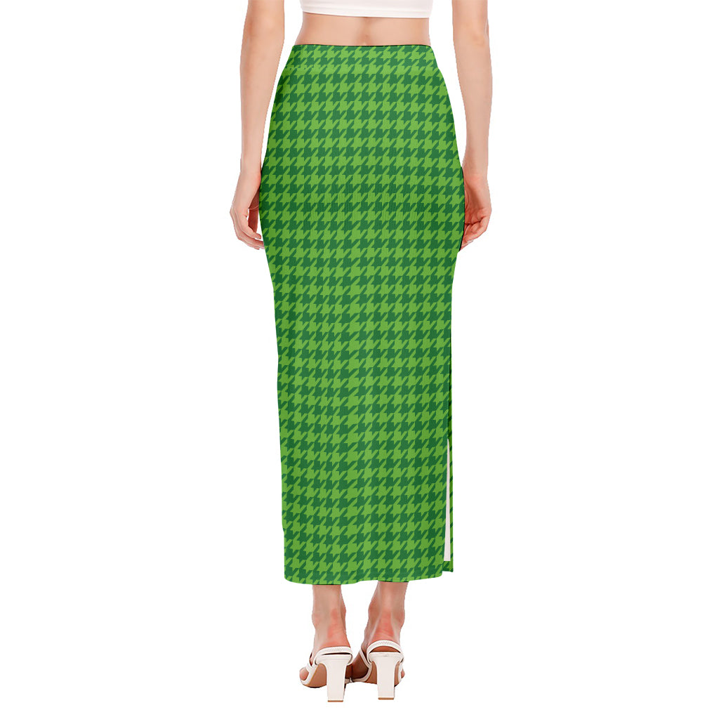 Green Houndstooth Pattern Print Side Slit Maxi Skirt