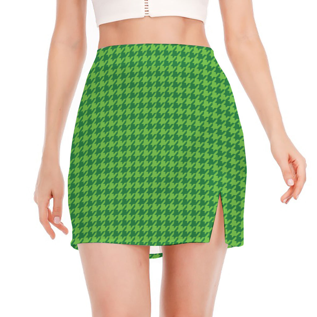 Green Houndstooth Pattern Print Side Slit Mini Skirt