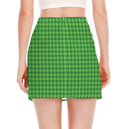 Green Houndstooth Pattern Print Side Slit Mini Skirt