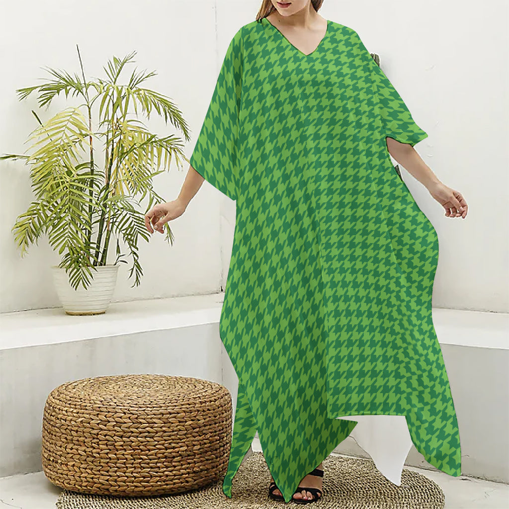 Green Houndstooth Pattern Print Silk V-Neck Kaftan Dress