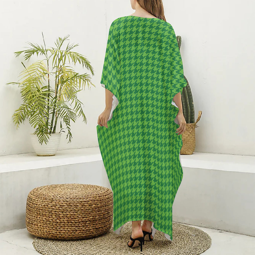Green Houndstooth Pattern Print Silk V-Neck Kaftan Dress