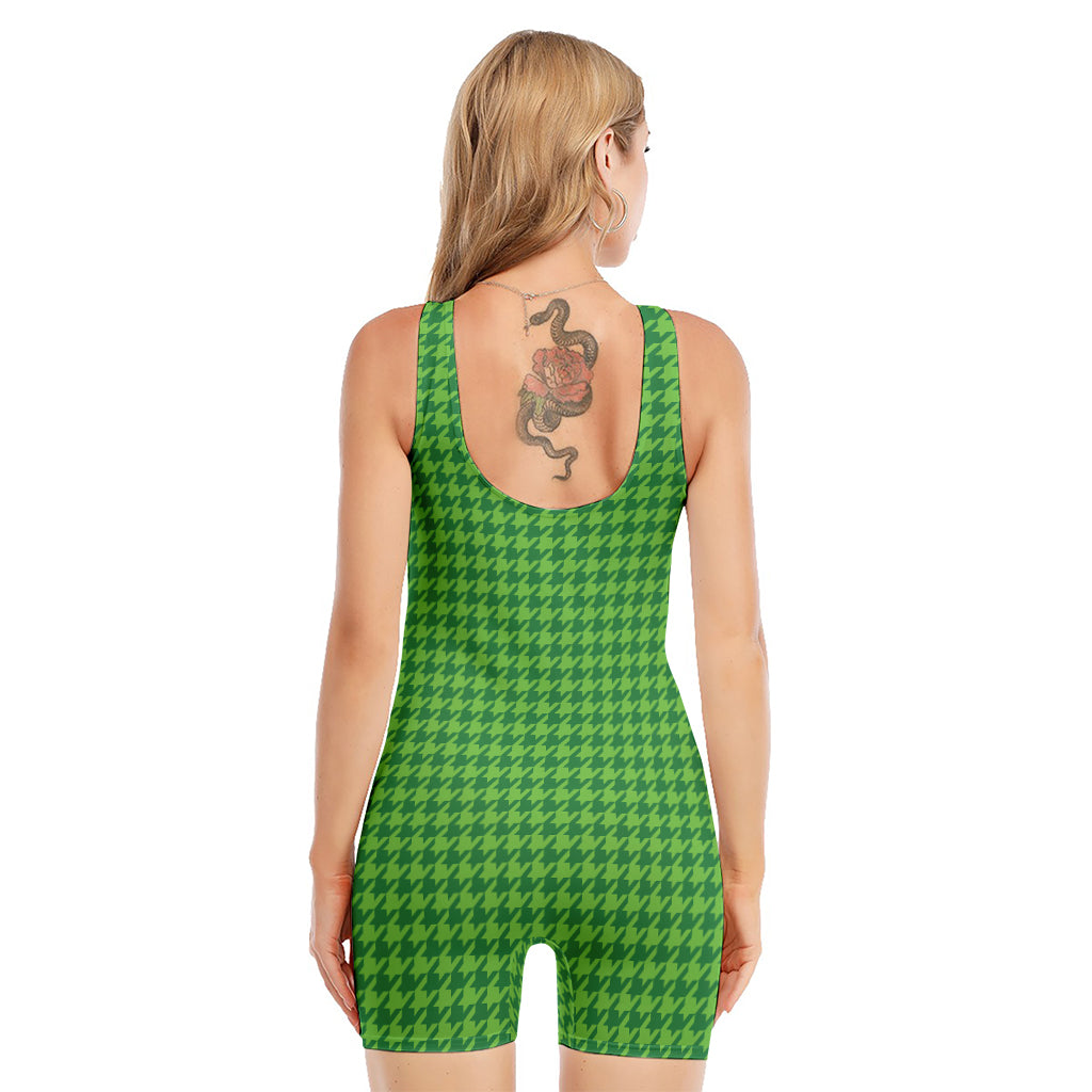 Green Houndstooth Pattern Print Sleeveless One Piece Swimsuit