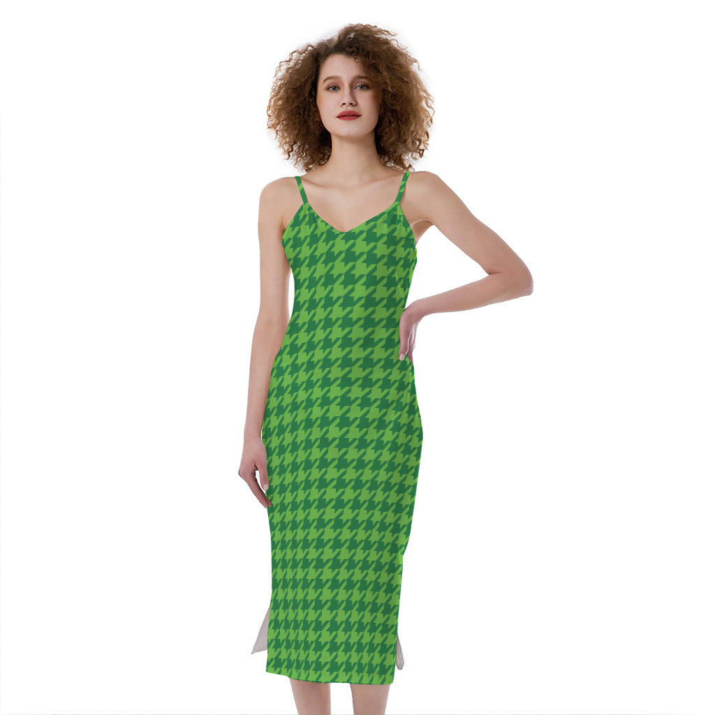 Green Houndstooth Pattern Print Slim Fit Midi Cami Dress