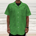 Green Houndstooth Pattern Print Textured Short Sleeve Shirt