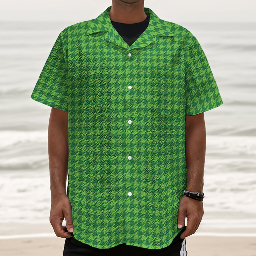 Green Houndstooth Pattern Print Textured Short Sleeve Shirt
