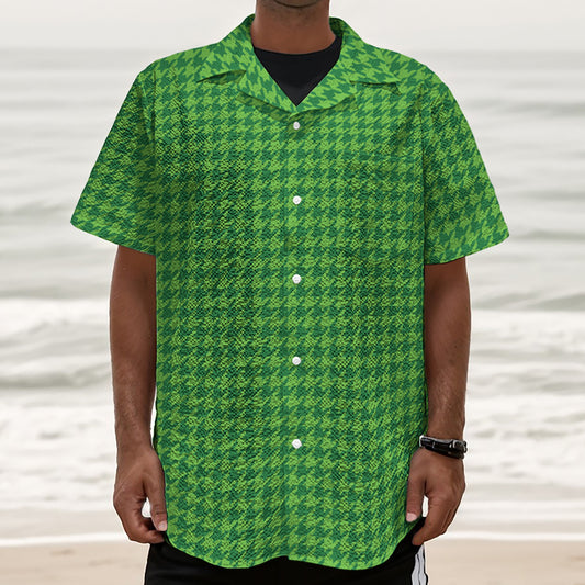 Green Houndstooth Pattern Print Textured Short Sleeve Shirt