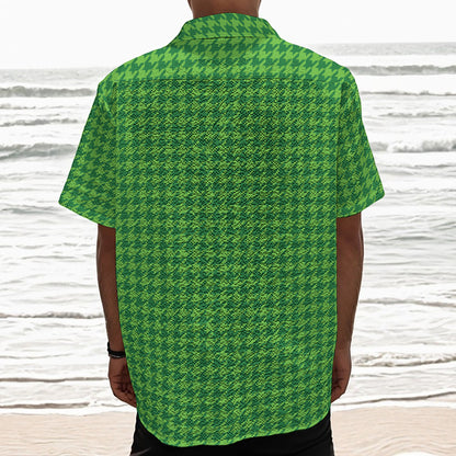 Green Houndstooth Pattern Print Textured Short Sleeve Shirt
