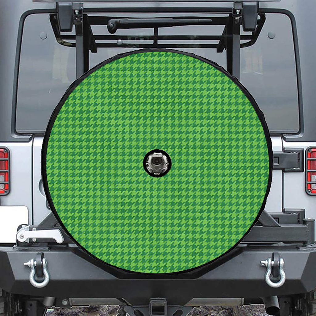 Green Houndstooth Pattern Print Tire Cover With Camera Hole