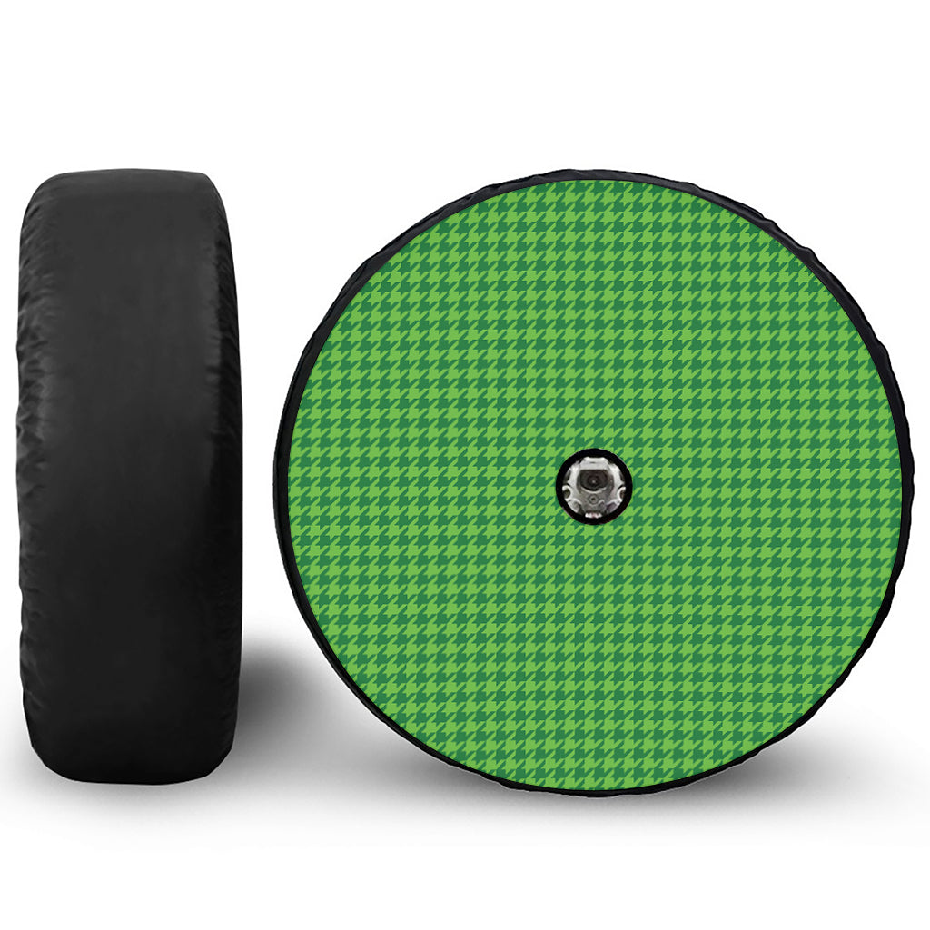 Green Houndstooth Pattern Print Tire Cover With Camera Hole