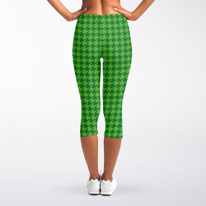 Green Houndstooth Pattern Print Women's Capri Leggings