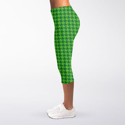 Green Houndstooth Pattern Print Women's Capri Leggings