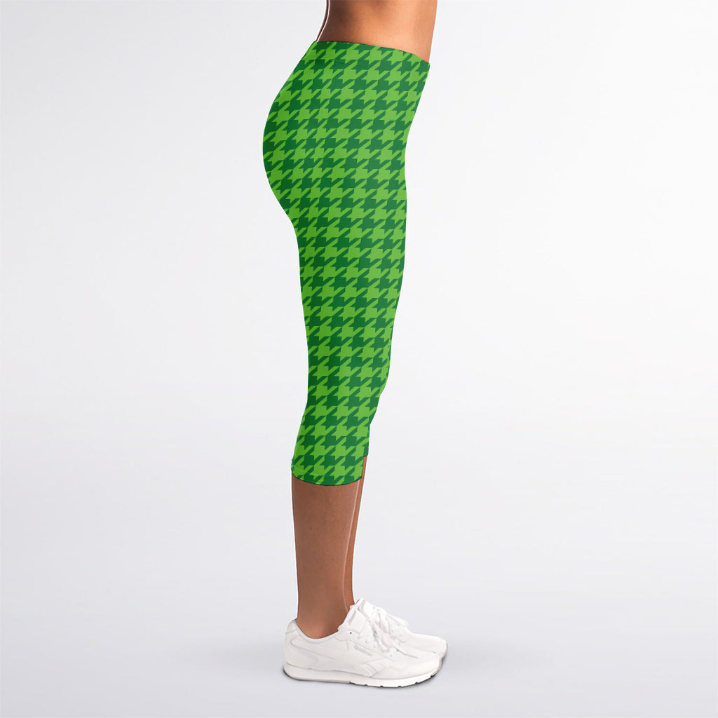Green Houndstooth Pattern Print Women's Capri Leggings