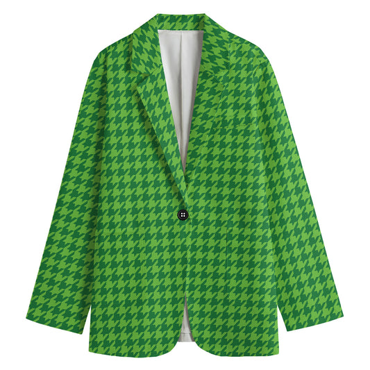 Green Houndstooth Pattern Print Women's Cotton Blazer