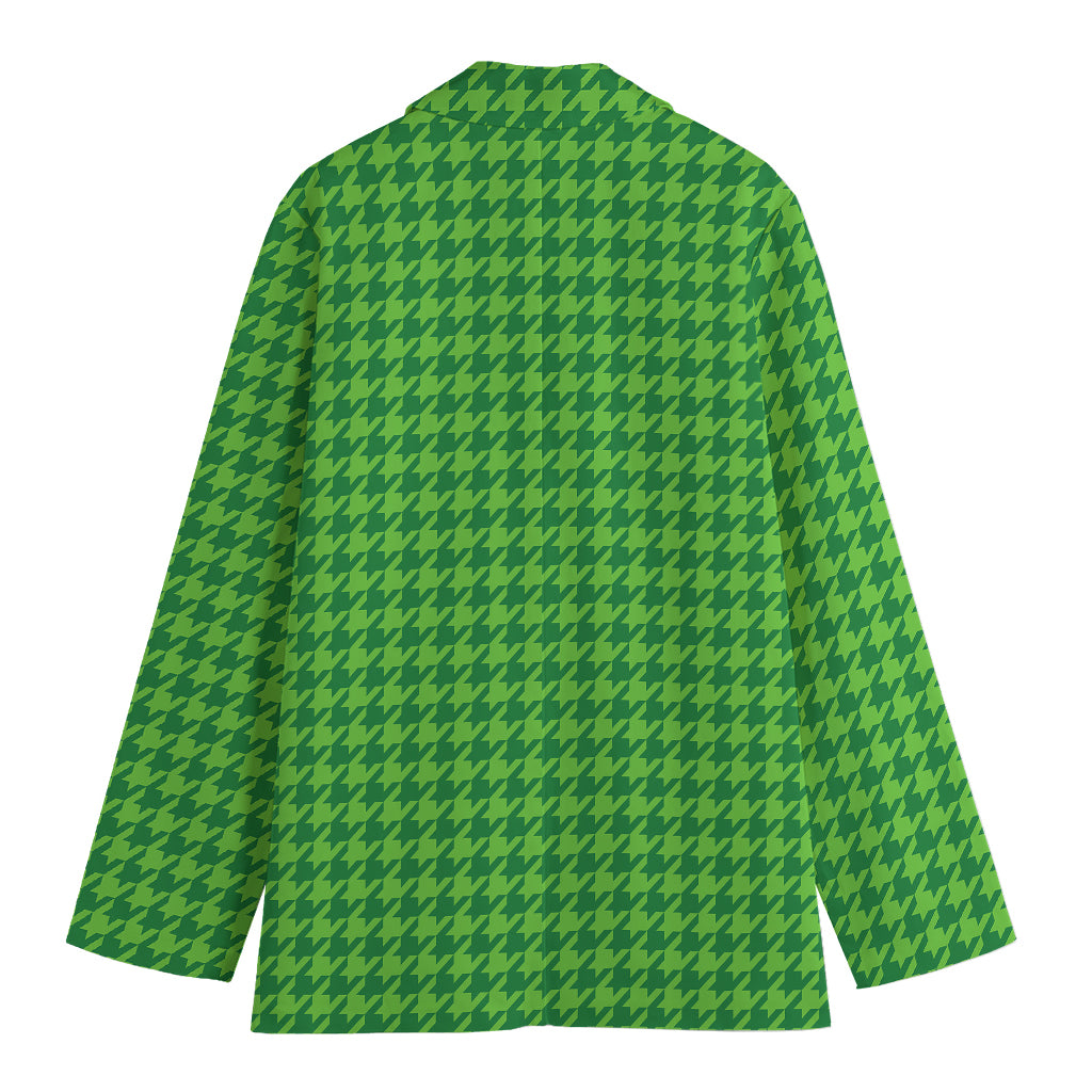 Green Houndstooth Pattern Print Women's Cotton Blazer