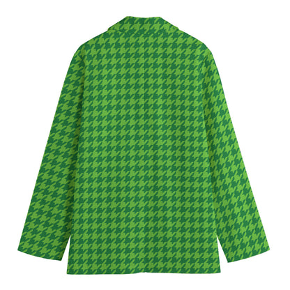 Green Houndstooth Pattern Print Women's Cotton Blazer