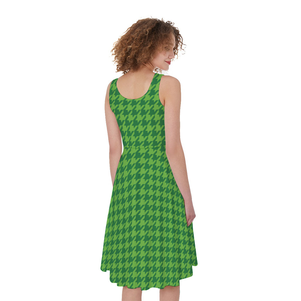 Green Houndstooth Pattern Print Women's Sleeveless Dress