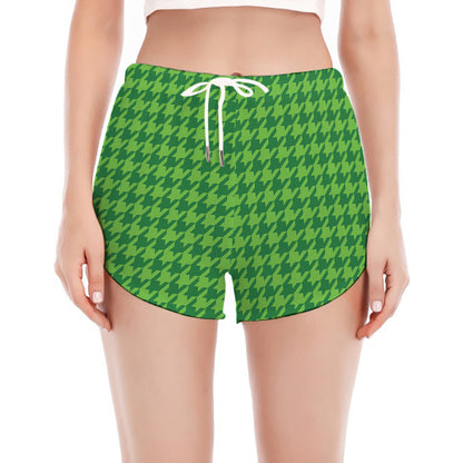 Green Houndstooth Pattern Print Women's Split Running Shorts