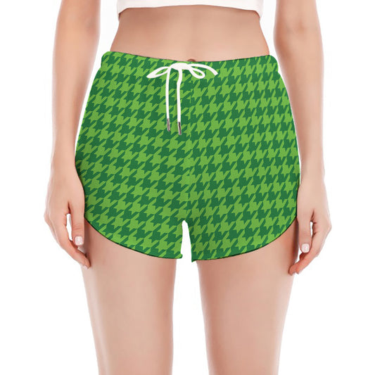 Green Houndstooth Pattern Print Women's Split Running Shorts