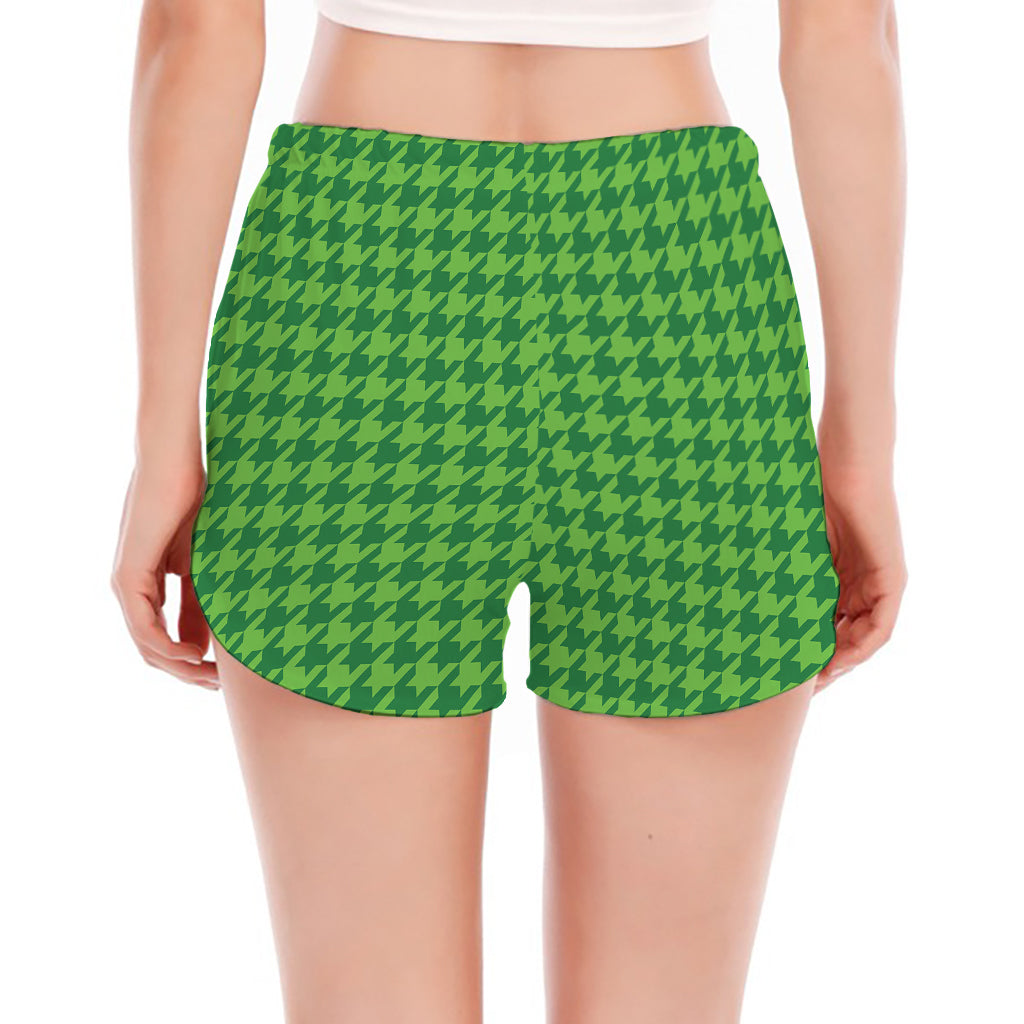 Green Houndstooth Pattern Print Women's Split Running Shorts