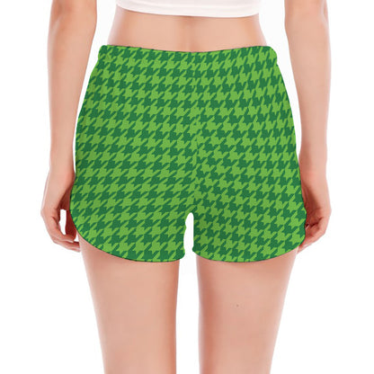 Green Houndstooth Pattern Print Women's Split Running Shorts