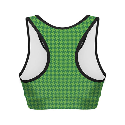 Green Houndstooth Pattern Print Women's Sports Bra