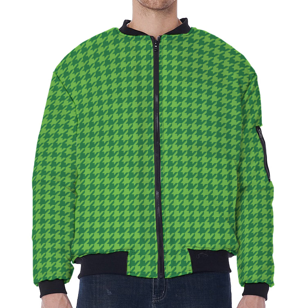 Green Houndstooth Pattern Print Zip Sleeve Bomber Jacket