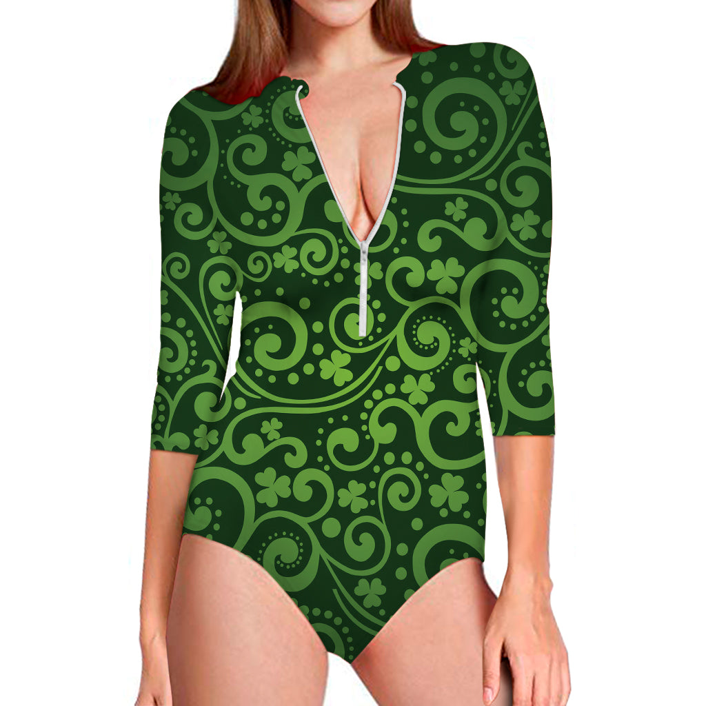 Green Irish Saint Patrick's Day Print Long Sleeve Swimsuit