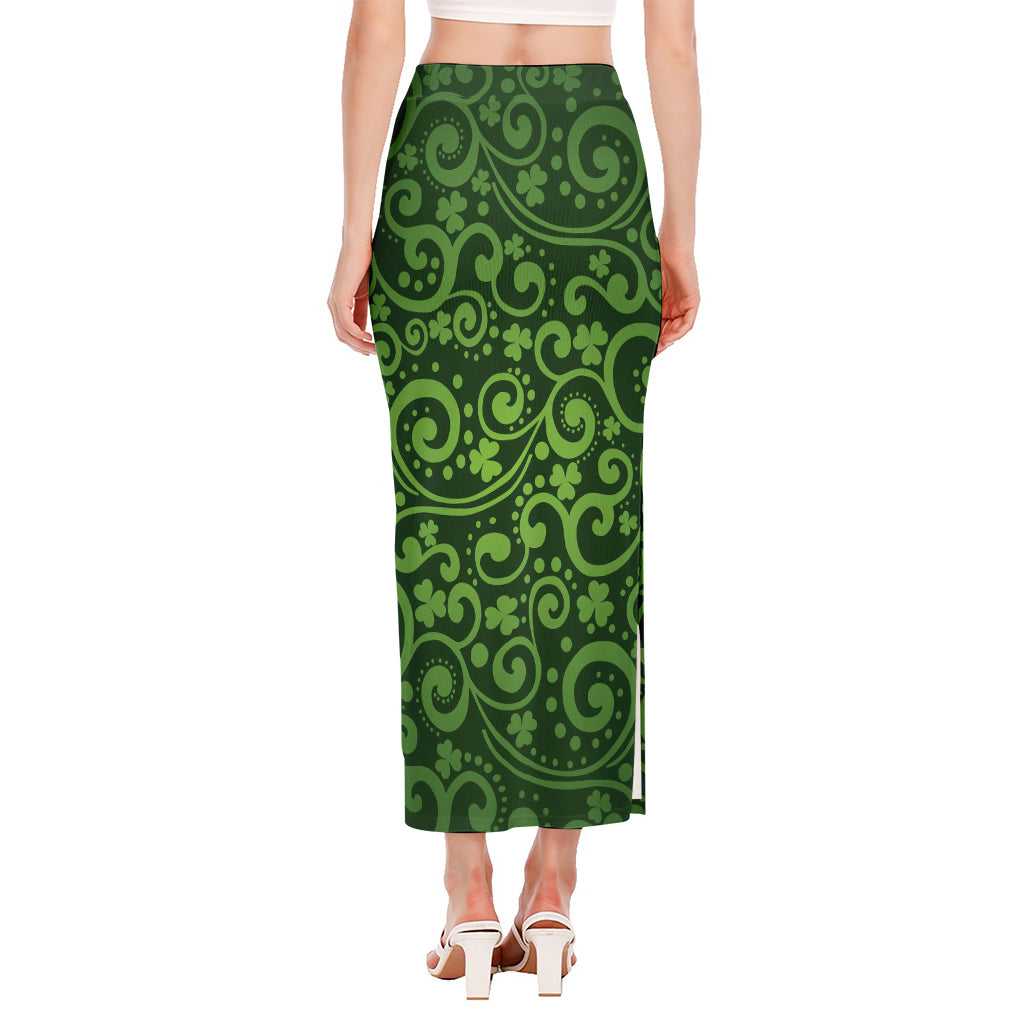 Green Irish Saint Patrick's Day Print Side Slit Maxi Skirt