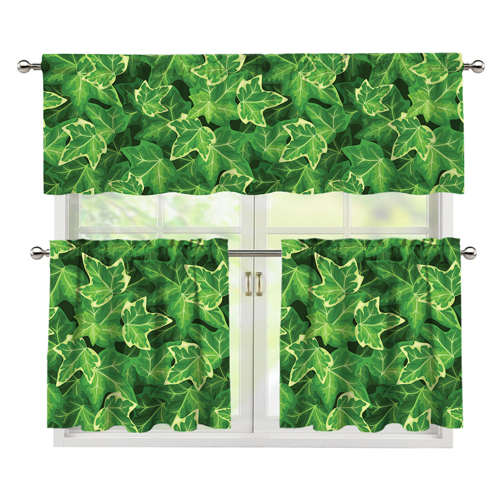 Green Ivy Leaf Pattern Print 3 Piece Kitchen Curtains