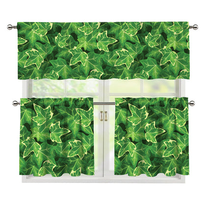 Green Ivy Leaf Pattern Print 3 Piece Kitchen Curtains