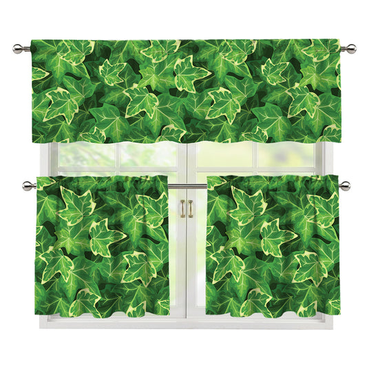 Green Ivy Leaf Pattern Print 3 Piece Kitchen Curtains