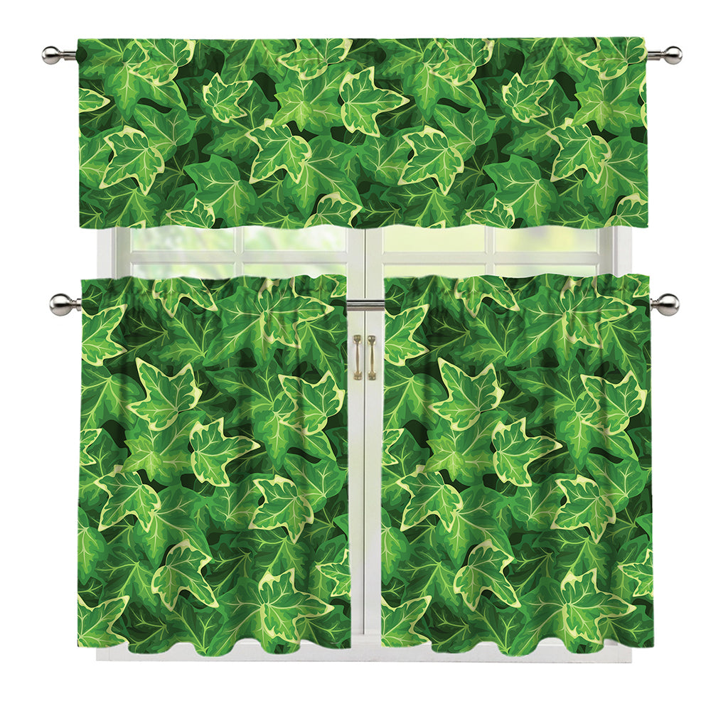 Green Ivy Leaf Pattern Print 3 Piece Kitchen Curtains