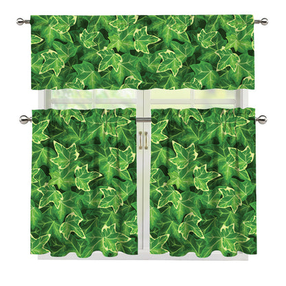 Green Ivy Leaf Pattern Print 3 Piece Kitchen Curtains