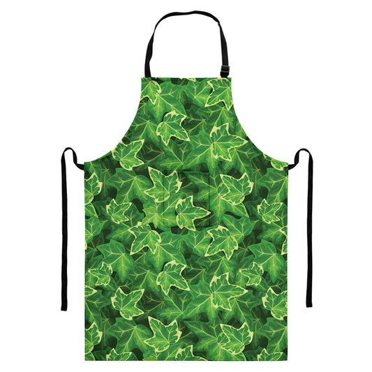 Green Ivy Leaf Pattern Print Bib Apron With Pocket