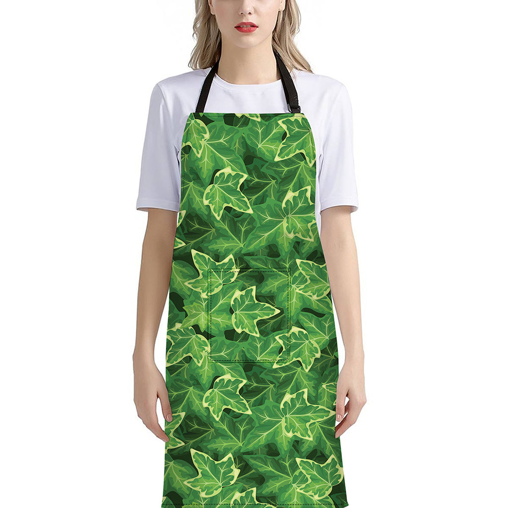 Green Ivy Leaf Pattern Print Bib Apron With Pocket