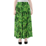 Green Ivy Leaf Pattern Print Chiffon Maxi Skirt