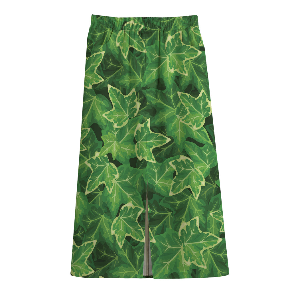 Green Ivy Leaf Pattern Print Cotton Front Slit Maxi Skirt