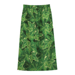 Green Ivy Leaf Pattern Print Cotton Front Slit Maxi Skirt