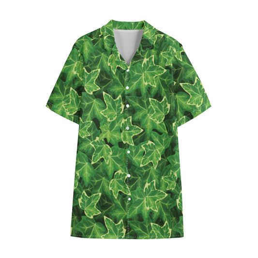 Green Ivy Leaf Pattern Print Cotton Hawaiian Shirt